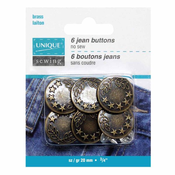 UNIQUE SEWING Jean Buttons No Sewing - Antique Brass 5 Stars - 6pcs. - 20mm (¾ ) Supply